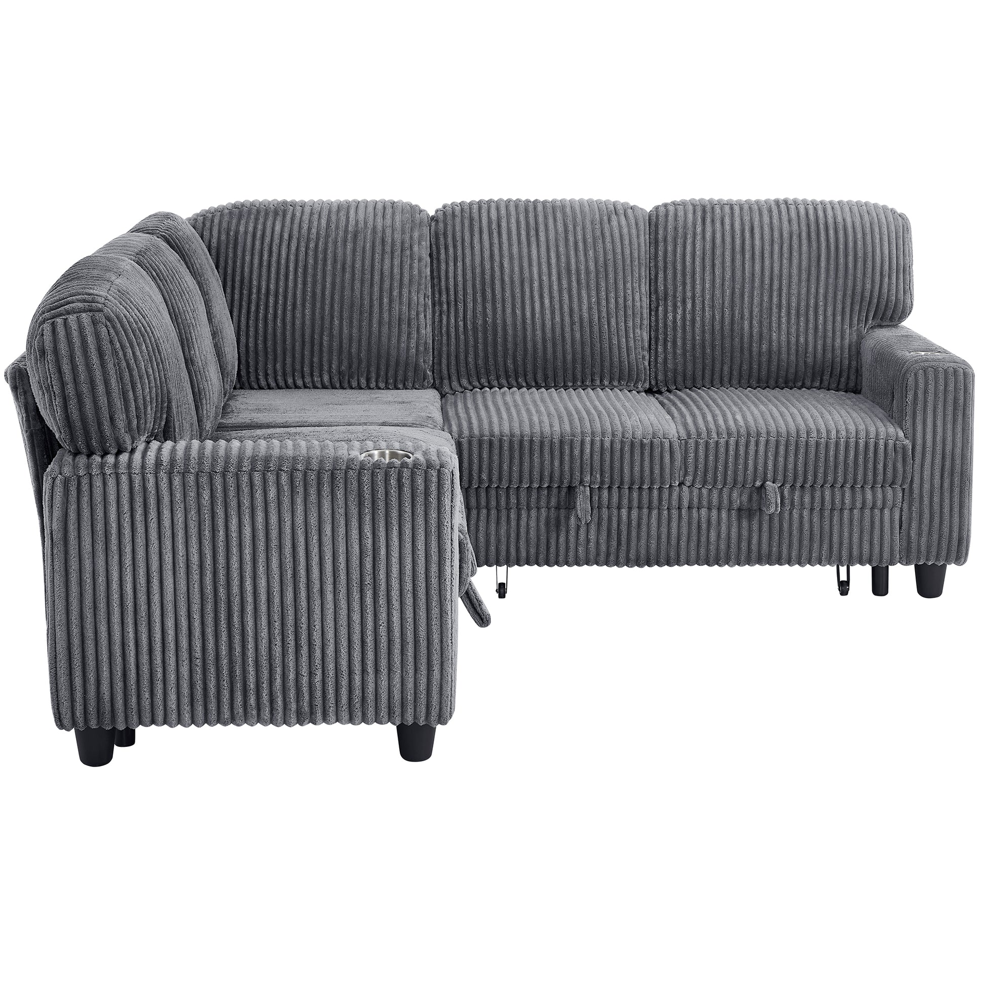 L-Shaped Sectional Sofa Bed with Pull-Out Bed & Storage, 5-Seat Sleeper Couch with USB Charging, Convertible Design for Living Room, Apartment, Corduroy Fabric, Grey image 11