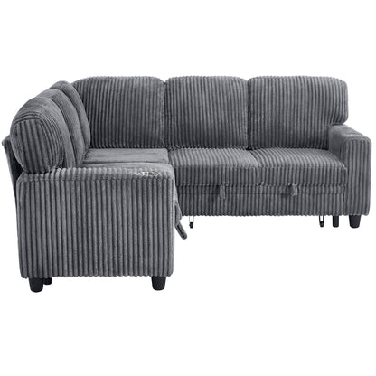 L-Shaped Sectional Sofa Bed with Pull-Out Bed & Storage, 5-Seat Sleeper Couch with USB Charging, Convertible Design for Living Room, Apartment, Corduroy Fabric, Grey image 11