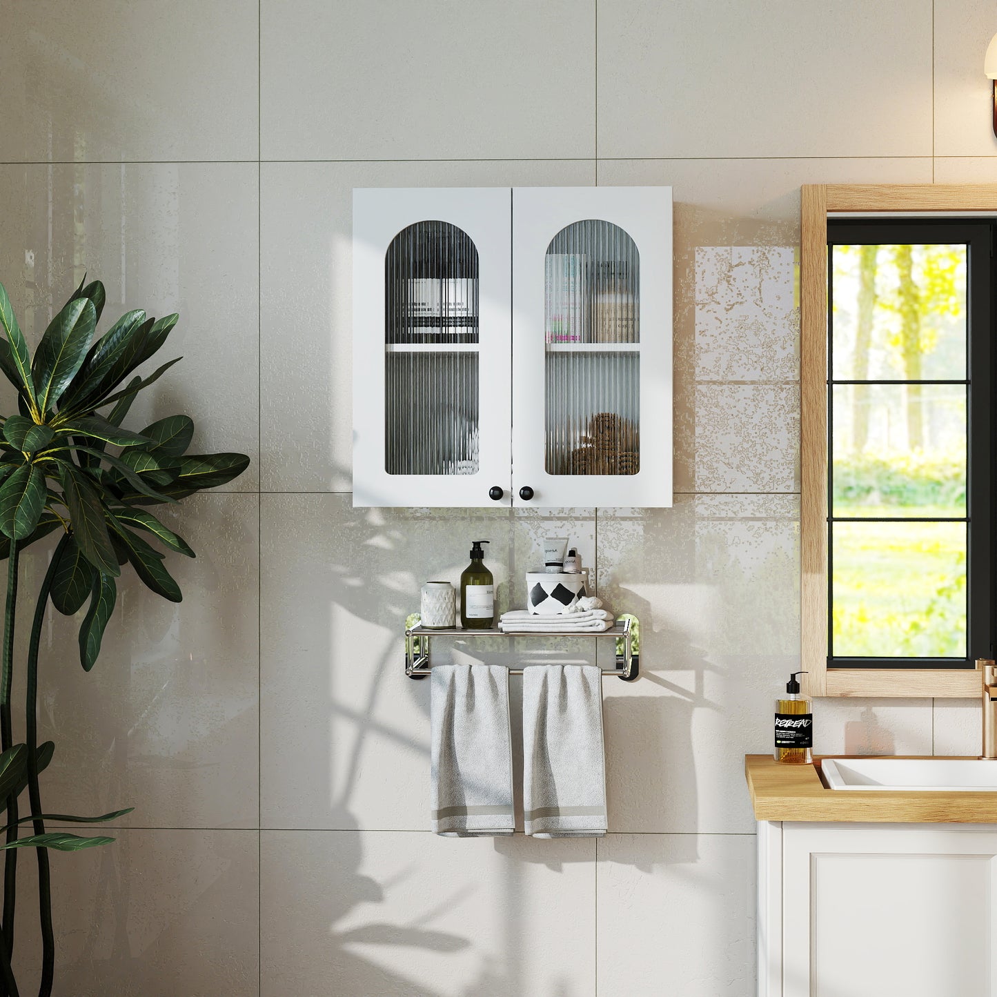 Wall Cabinet,Arched Glass door Display Wall Mounted Cabinet, Floating Cabinet with inadjustable Shelves for Kitchen,Bathroom,Living Room image 1