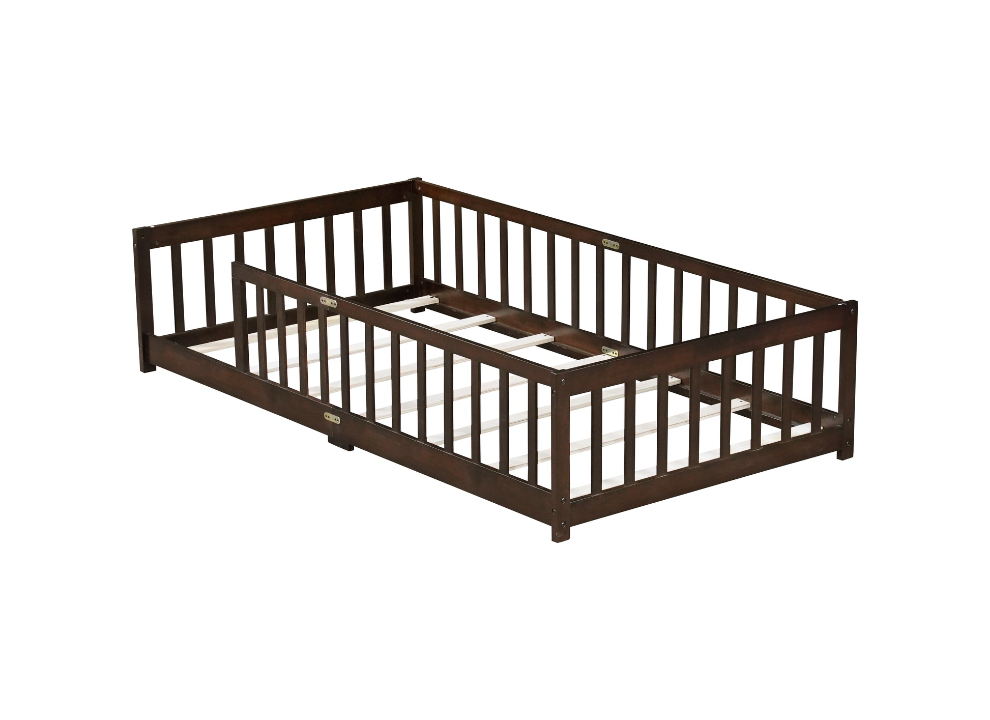 Twin Size Floor Bed with Fence without Door, Rubber Wood Floor Bed with Safety Guardrails,Espresso (Old Sku W504P286398) image 11