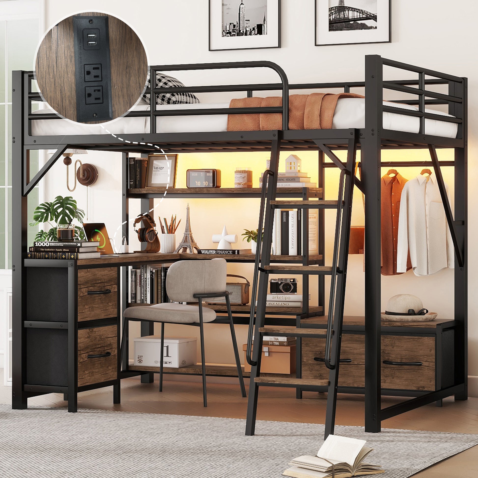 Full Size Loft Bed with Desk and Light, Metal Loft Bed with Storage Shelves, Wardrobe and Drawers for Boys Girls(Old SKU W2593S00040) image 1