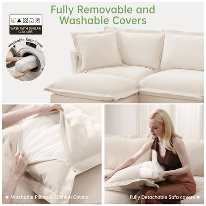 Slipcovered Sectional 2 Seater Sofa Couch with Convertible Ottoman, Wide and Deep Seat L Shaped Sofa with Detachable Cover and Soft Multiple Big Pillows, Chenille Fabric, Cream image 9