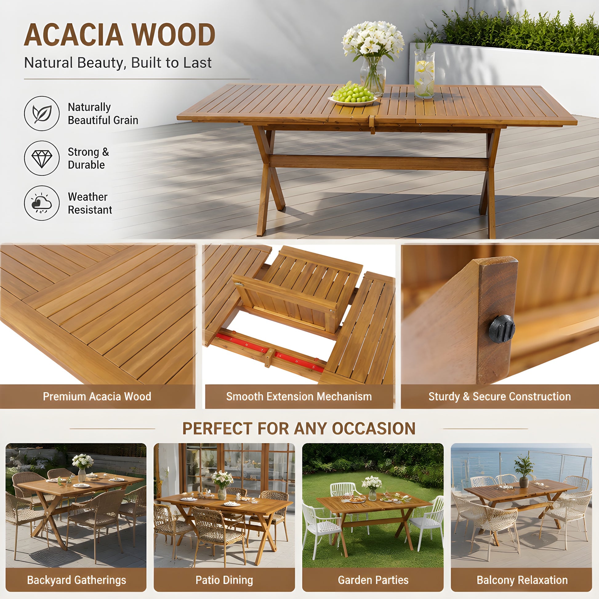 7 Pieces Acacia Wood Outdoor Dining Set s,Modern 6 Chairs 1 Large Table,Dining Furniture Set for Lawn, Backyard, Garden Deck,Poolside,Teak image 6