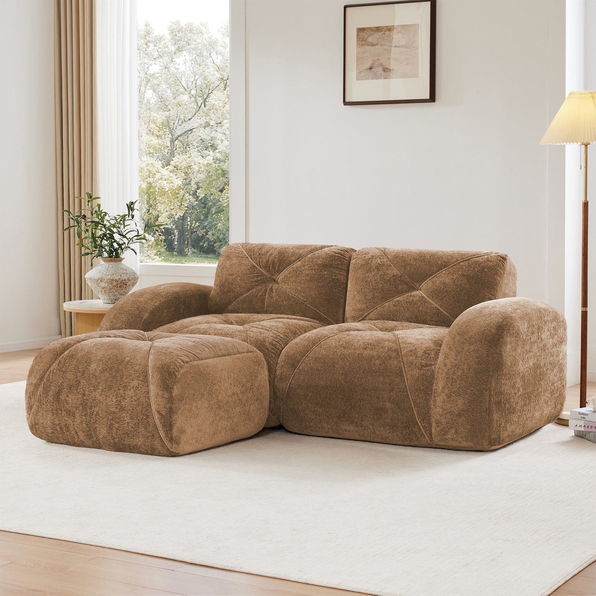 L-Shaped Boneless Sofa,Soft Velvet Fabric,Tufted Design,32D High Density Sponge,No Assembly Required,Ergonomic Design Bottom, Anti-Slip Design,Movable Ottoman for Bedrooms,Camel image 2