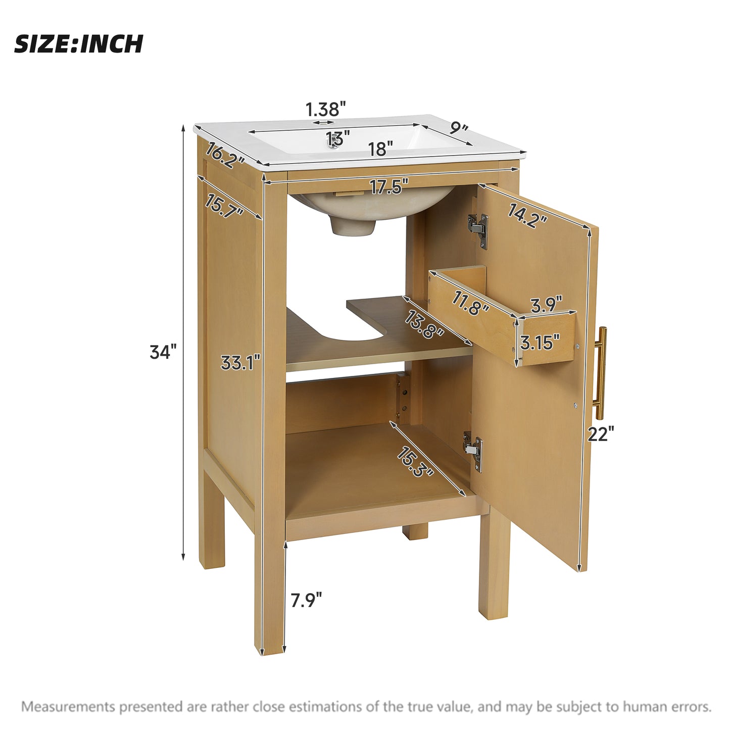 18" Bathroom Cabinet with Storage, Small Space Solution with Ceramic Sink, Adjustable Shelf, Soft-Closing Hinges image 9