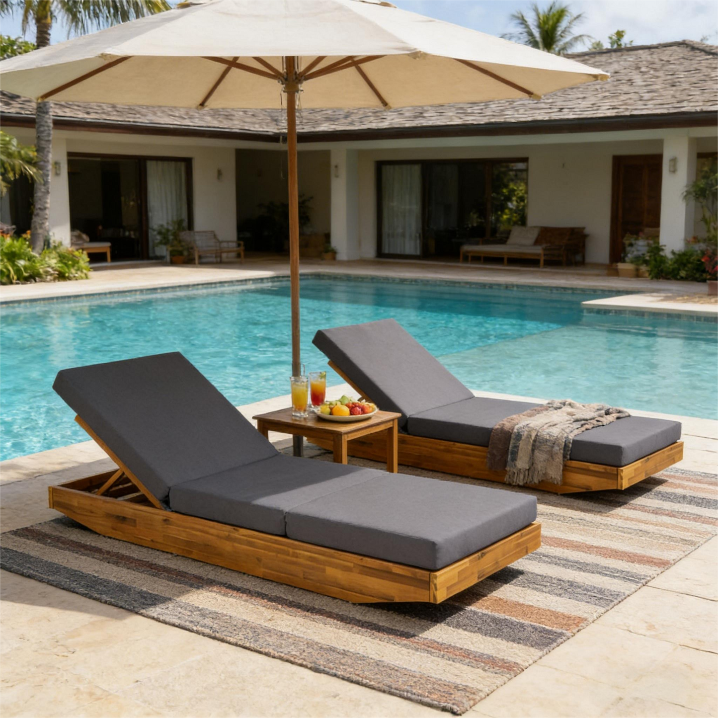 Acacia Wood Chaise Lounge with Cushion - Teak Finish Outdoor Recliner with Dark Grey 3-Fold Water-Repellent Cushion, 300lbs Capacity image 6