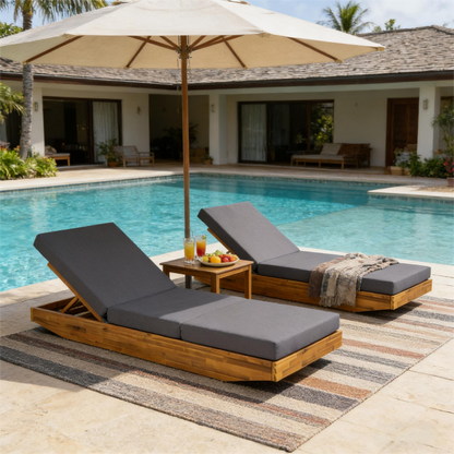 Acacia Wood Chaise Lounge with Cushion - Teak Finish Outdoor Recliner with Dark Grey 3-Fold Water-Repellent Cushion, 300lbs Capacity image 6
