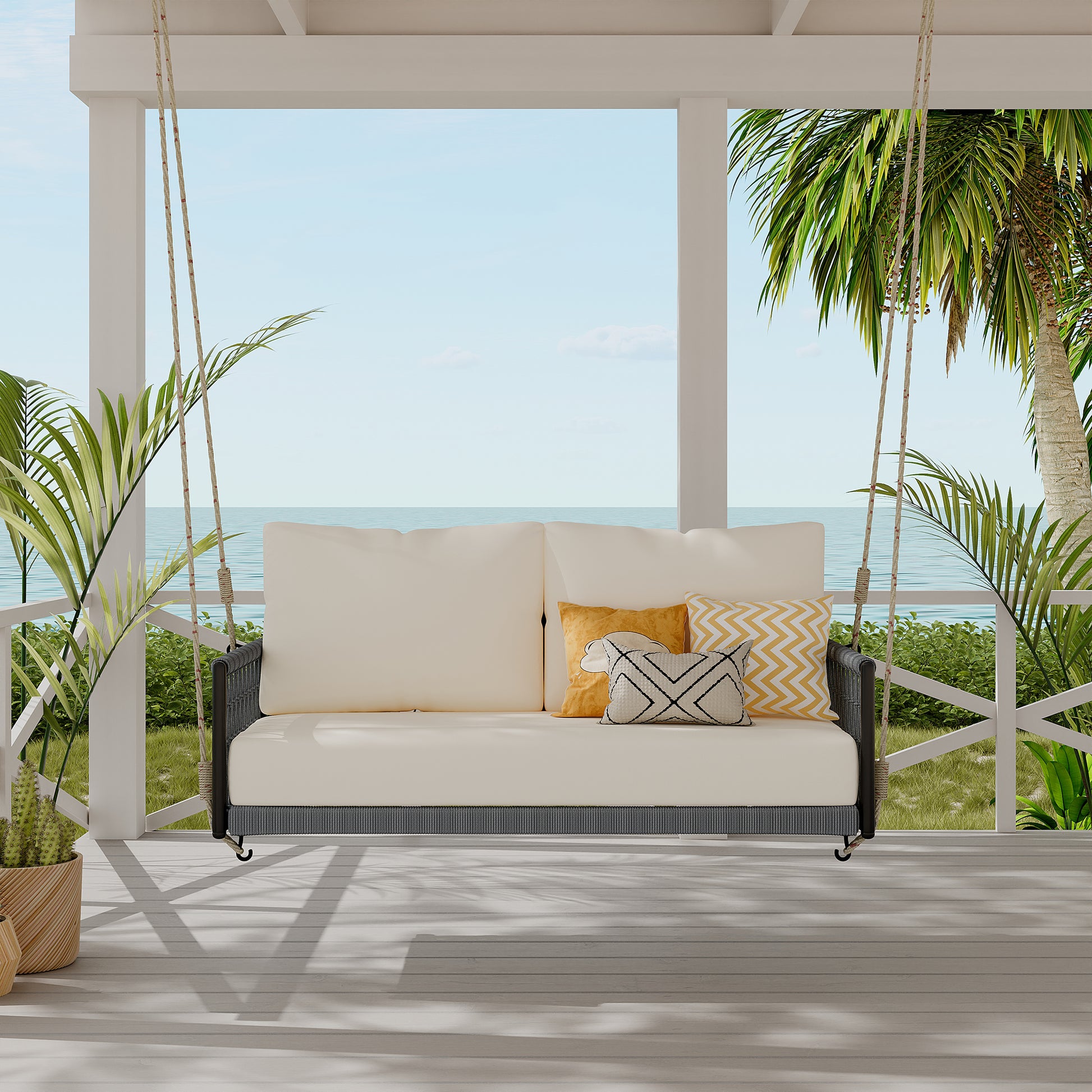 TREXM 1-Piece Woven Rope Outdoor Swing Sofa with Soft Cushions Seating 2 for Patio, Courtyard and Balcony (Beige) image 10