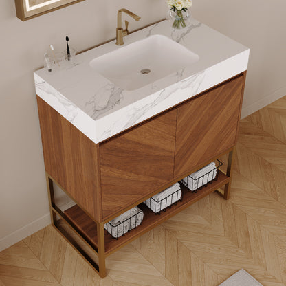29.9" Modern Free-standing Bathroom Vanity with Ceramic Sink – Brown Oak, Soft-Close image 5