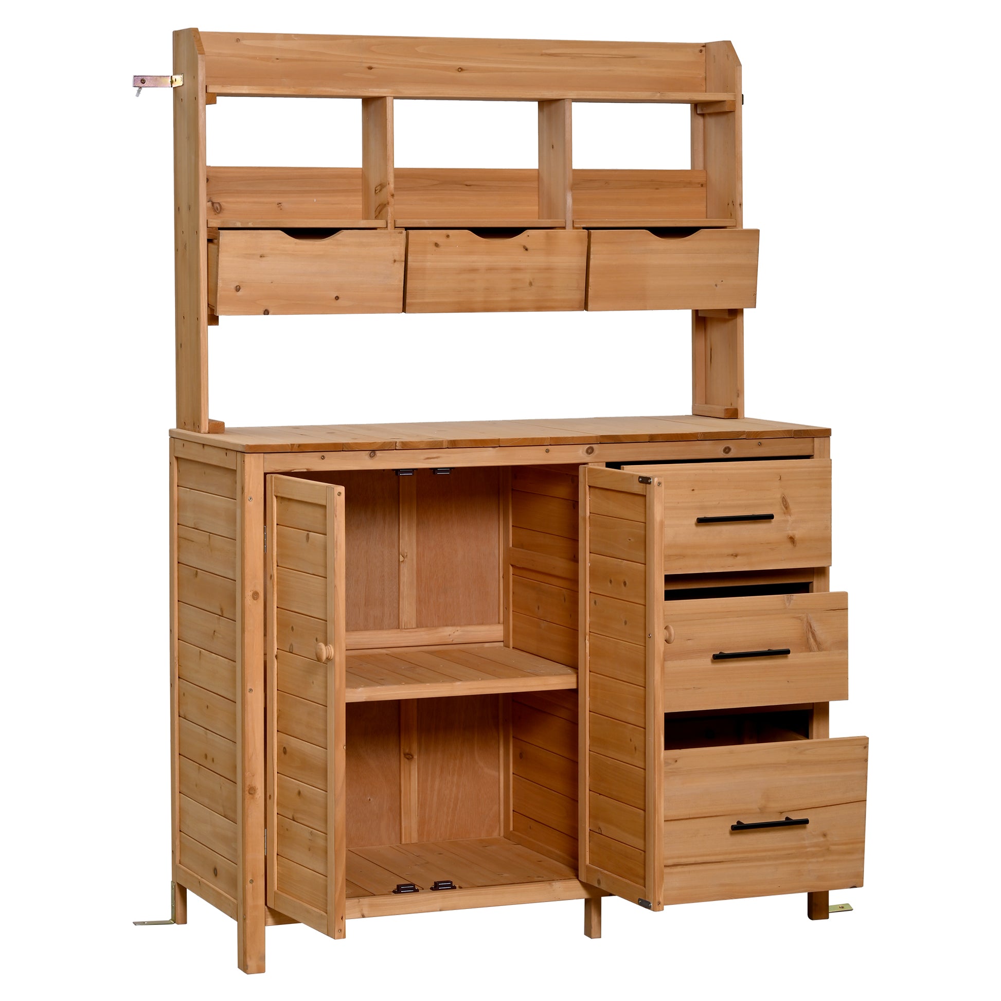 (With Assembly Video) TOPMAX Farmhouse Patio Potting Bench, 44.6''x19.5'' Large Freestanding Garden Workstation with 6 Drawers, Bottom Cabinet and Side Hook, Outdoor Kitchen Island, Natural Wood image 10