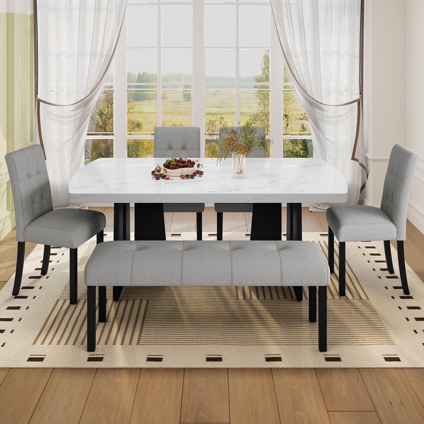 6 Piece Modern Dining Table Set, 63" Faux Marble Dining Table with Geometric Legs & 4 Upholstered Chairs & 1 Bench, Suitable for Dining Kitchen Room,Easy to Assemble, White+Gray image 4