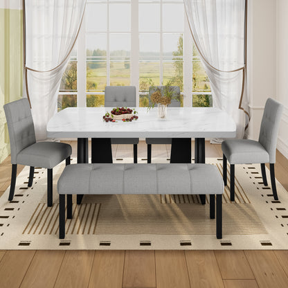 6 Piece Modern Dining Table Set, 63" Faux Marble Dining Table with Geometric Legs & 4 Upholstered Chairs & 1 Bench, Suitable for Dining Kitchen Room,Easy to Assemble, White+Gray image 4