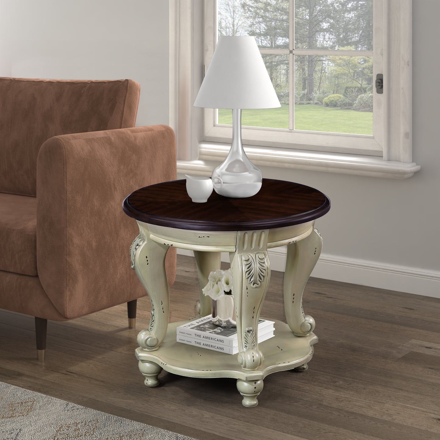 22'' Two Tone Round End Table,Solid Wood Sofa Side Table with Shelf,Living Room Corner Table Easy Assemble,Beige and Espresso Top image 2
