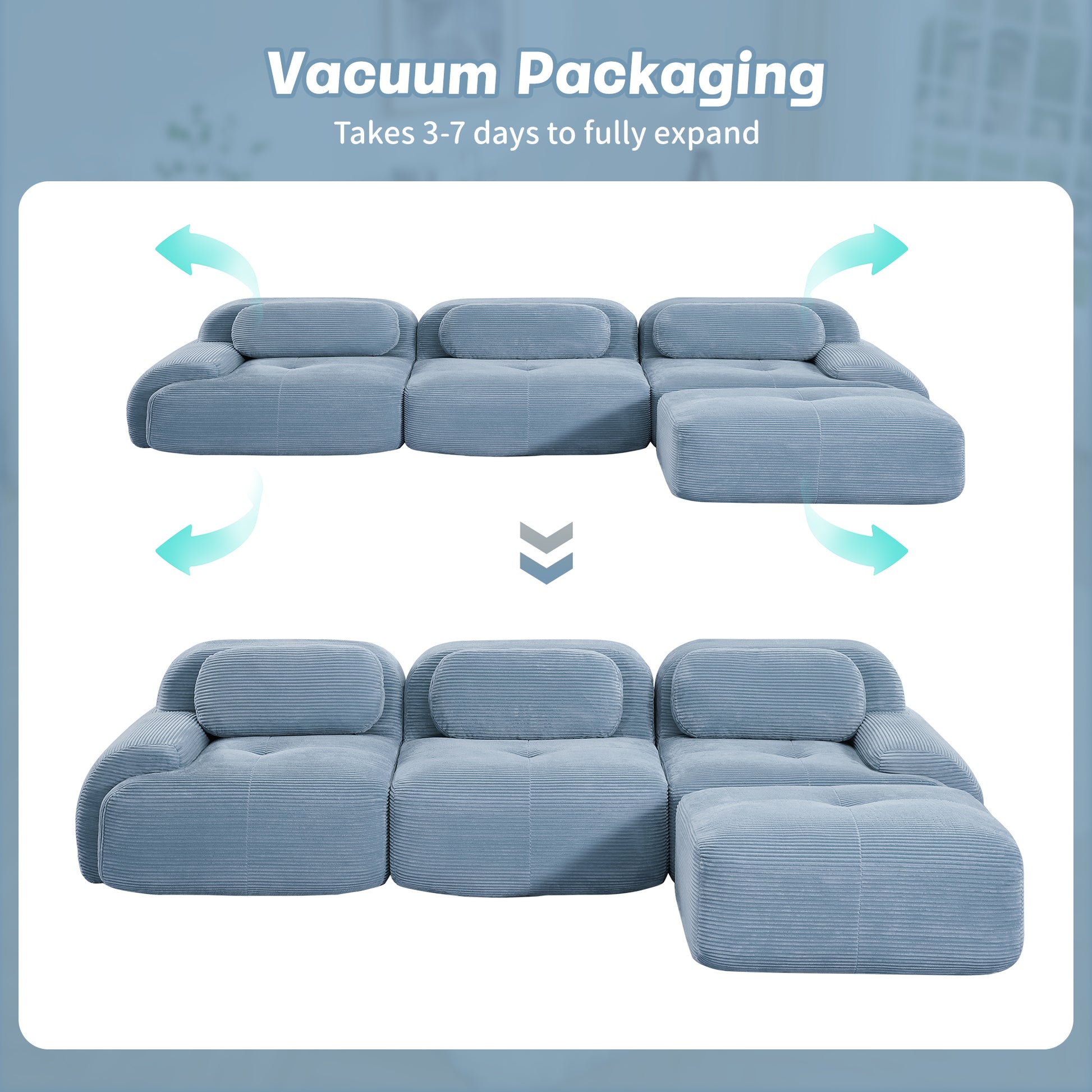 L-shaped modular sofa no assembly ergonomic design pet-friendly luxuryCorduroy Fabric fabric extra-wide curved armrests 32D high-resilience sponge for living rooms bedroom,Blue image 12