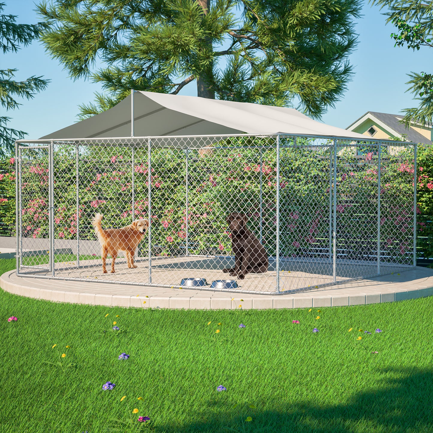 Heavy Duty Outdoor Dog Kennel 14.8x14.8x7.6 ft, Galvanized Chain Link Playpen with Waterproof Anti-UV Cover, Secure Lock, Large Exercise Pen for Puppy & Pets image 1