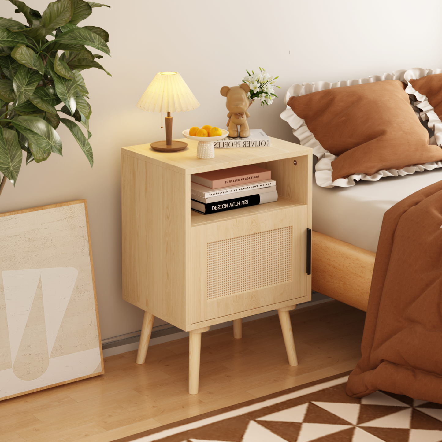 22.83'' H Rattan Nightstand, Side Table with Door Open Shelf, Accent Bedside End Table with Solid Wood Legs for Bedroom, Dorm and Small Spaces, Oak image 1