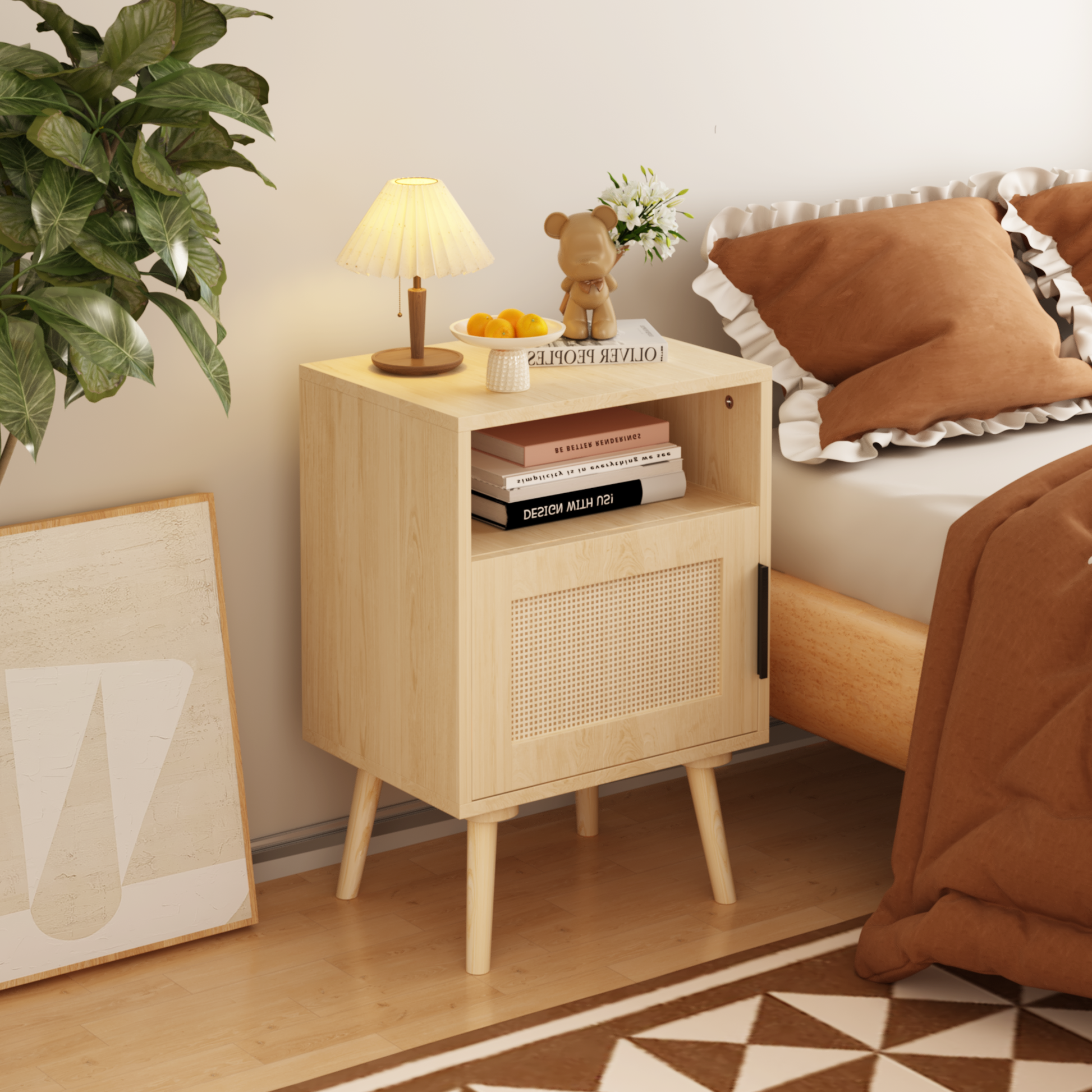 22.83'' H Rattan Nightstand, Side Table with Door Open Shelf, Accent Bedside End Table with Solid Wood Legs for Bedroom, Dorm and Small Spaces, Oak image 1