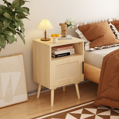 22.83'' H Rattan Nightstand, Side Table with Door Open Shelf, Accent Bedside End Table with Solid Wood Legs for Bedroom, Dorm and Small Spaces, Oak image 1