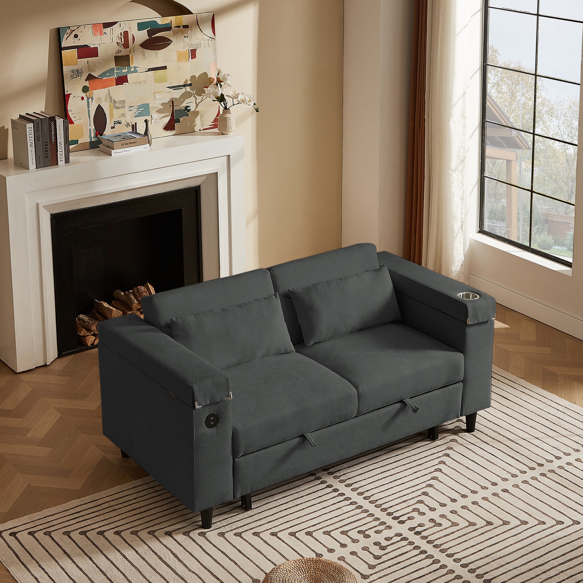 Dark Grey Chenille Sofa with Side Table and USB Port image 3