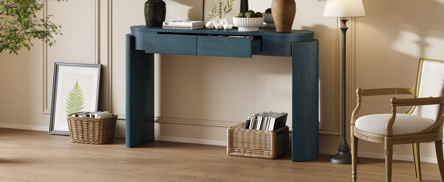 TREXM Entryway Table with Natural Wood Grain Finish, Console Table with Fluted Design, Oval Top and 2 Drawers for Entryway and Living Room (Navy) image 10