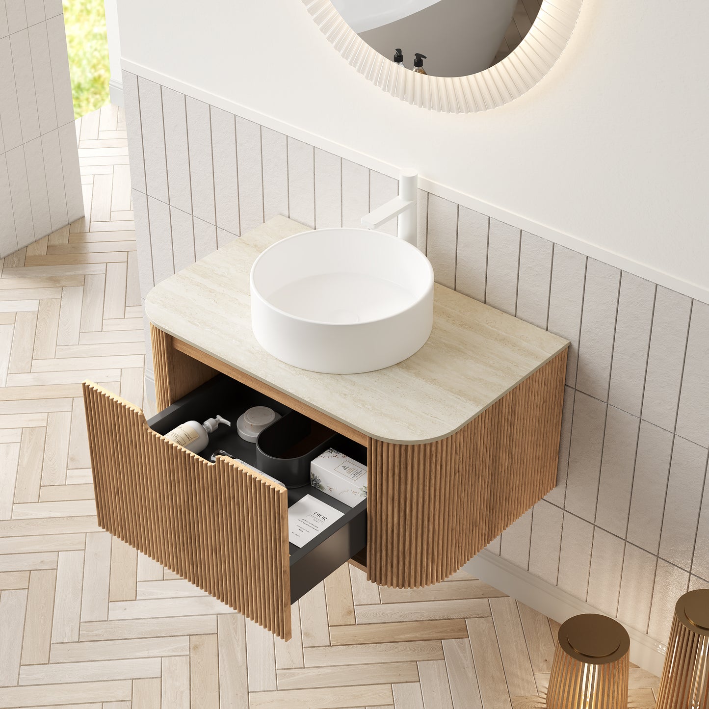 DINA 30" Bathroom Vanity&Sink, Floating Curved Edge Striped Plywood Storage Cabinet with Drawer, White Round Ceramic Basin&Travertine-Pattern Sintered Stone Top, Pre-assembled, Natural Woodgrain Color image 2