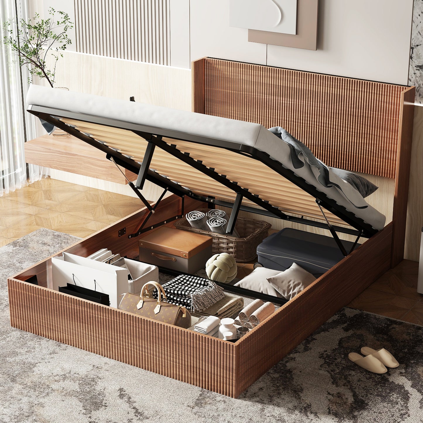 (Queen size) bed frame with a grooved and undulating lifting storage function, featuring a lifting storage feature, safe and beautiful / without noise, a wooden slat platform bed frame in a natural image 3