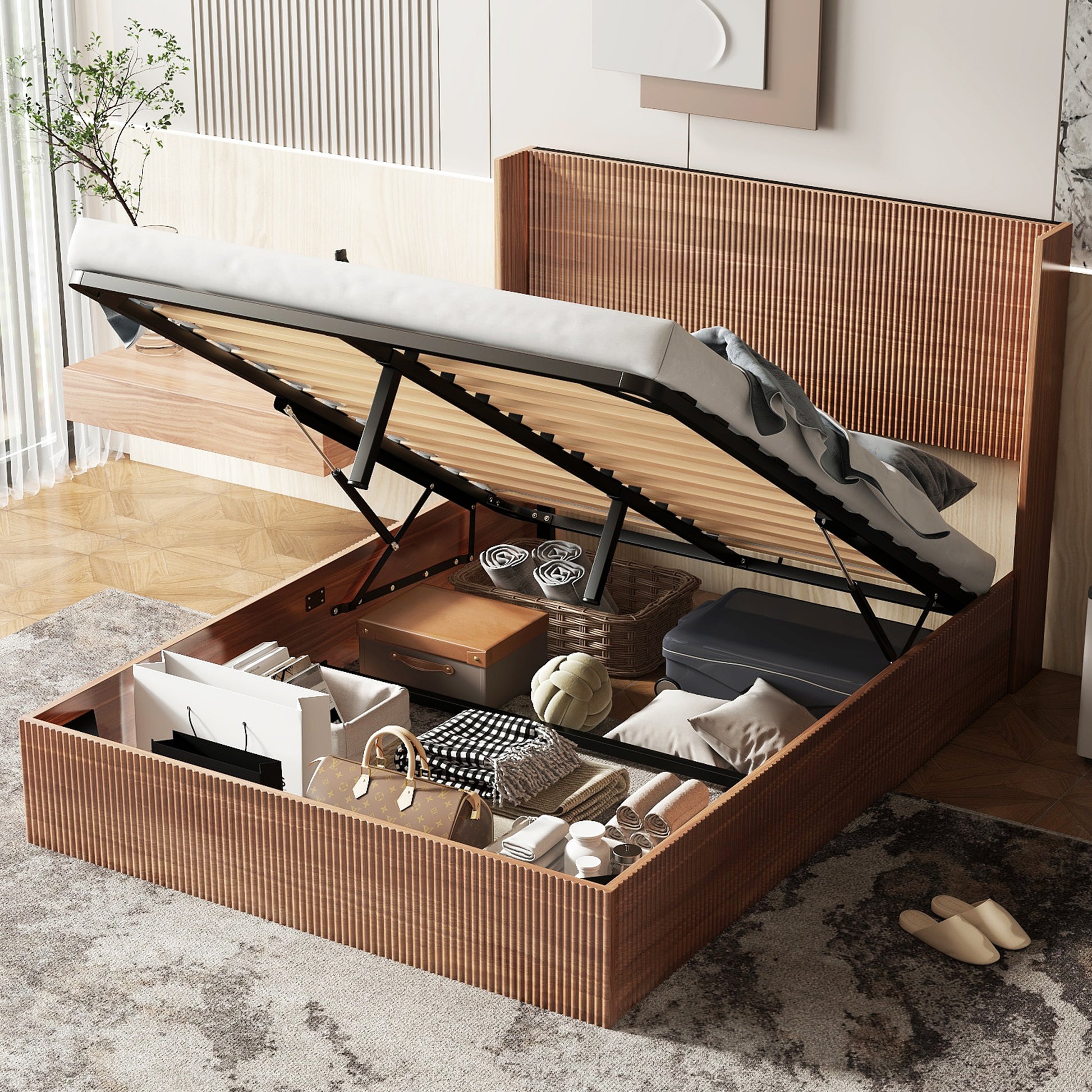 (Queen size) bed frame with a grooved and undulating lifting storage function, featuring a lifting storage feature, safe and beautiful / without noise, a wooden slat platform bed frame in a natural image 3