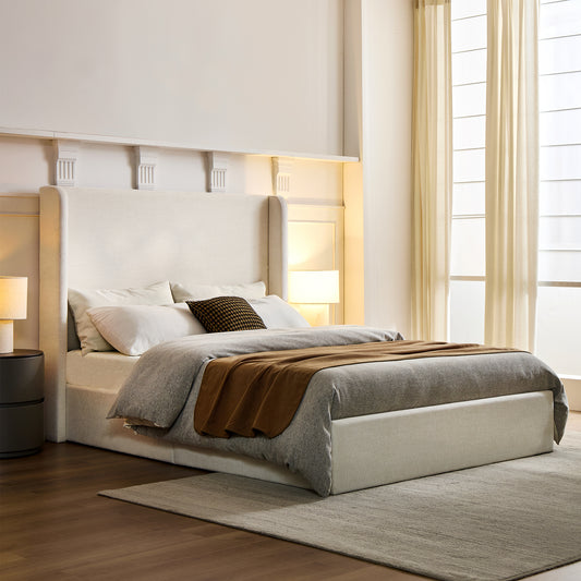 Carmen Upholstered Wingback Bed / Upholstered Platform Bed Frame / 52" High Headboard / Simplicity / Minimalist / No Box Spring Needed / California King / Textured Ivory Canvas / No Noise image 1