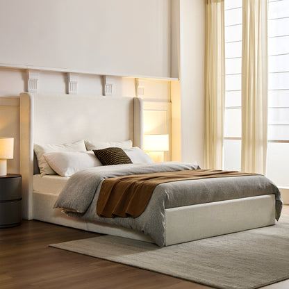 Carmen Upholstered Wingback Bed / Upholstered Platform Bed Frame / 52.3" High Headboard / Simplicity / Minimalist / No Box Spring Needed / Easy Assembly / King/ Textured Ivory Canvas Chenille/No Noise image 2