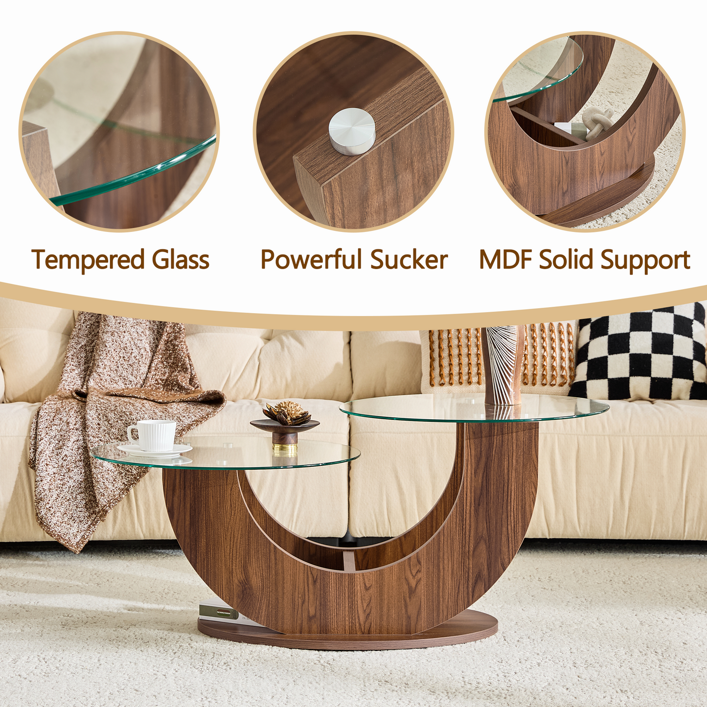 Creative U-Shaped Double-Tier Glass Coffee Table with Walnut MDF Base - close-up of tempered glass edge and MDF base texture