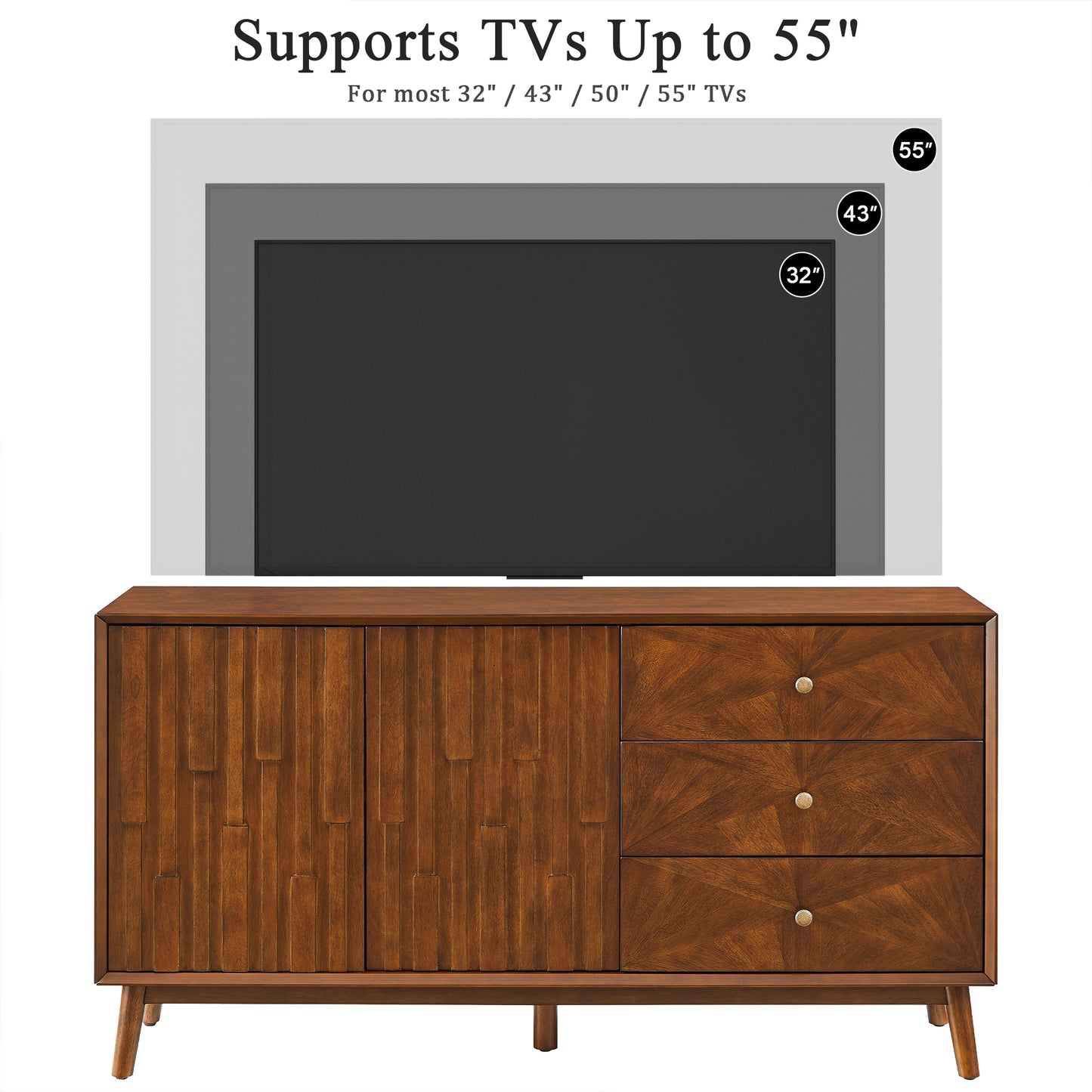 56" Mid Century Modern TV Stand with Storage, Entertainment Center with 3 Drawers and 2 Doors, Wooden Sideboard Buffet Cabinet for Living Room, Dining Room & Entryway, Walnut Brown image 11