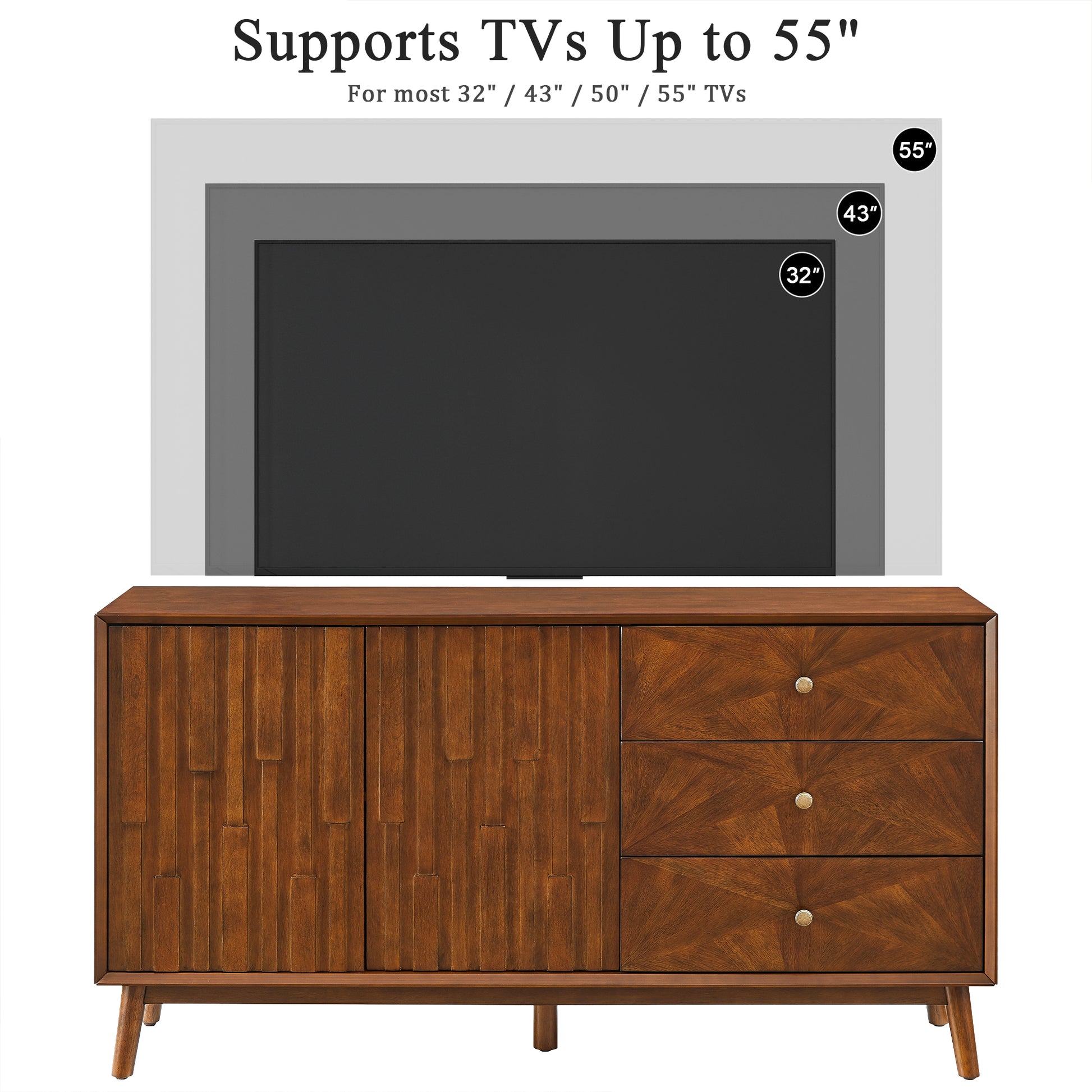 56" Mid Century Modern TV Stand with Storage, Entertainment Center with 3 Drawers and 2 Doors, Wooden Sideboard Buffet Cabinet for Living Room, Dining Room & Entryway, Walnut Brown image 11