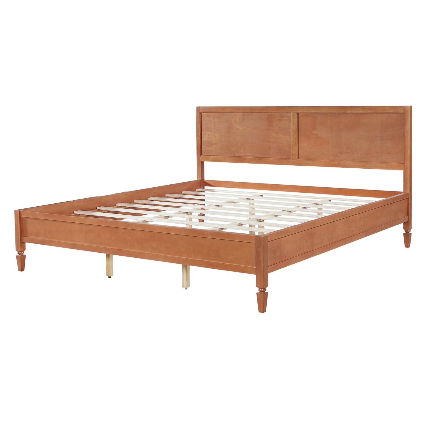 King Size Wood Platform Bed Frame with Classic Panel Headboard, Wooden Slats Support, No Box Spring Needed, Easy Assembly, Brown image 4