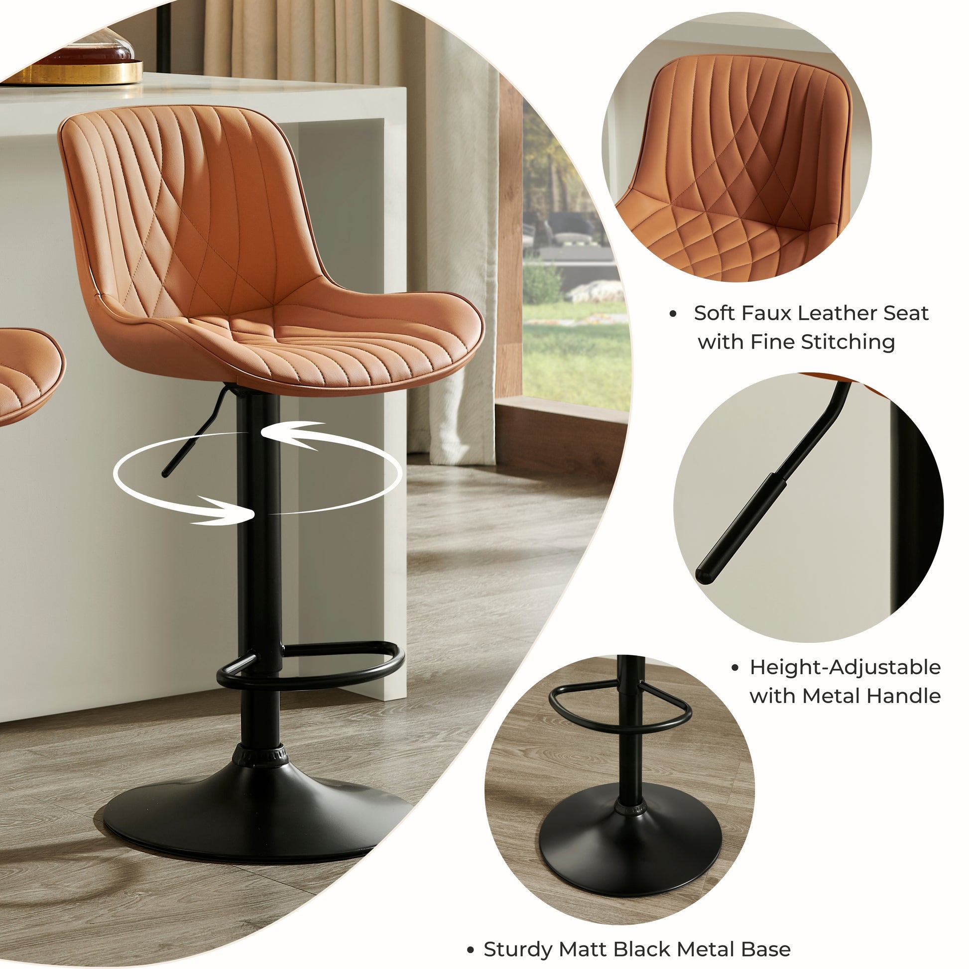 Kovyn Contemporary Adjustable Barstool with Faux Leather Swivel Seats, Set of 2, Camel image 8