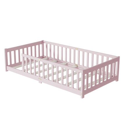 Twin Size Floor Bed with Fence without Door, Rubber Wood Floor Bed with Safety Guardrails,Pink (Old Sku W504P286399) image 11