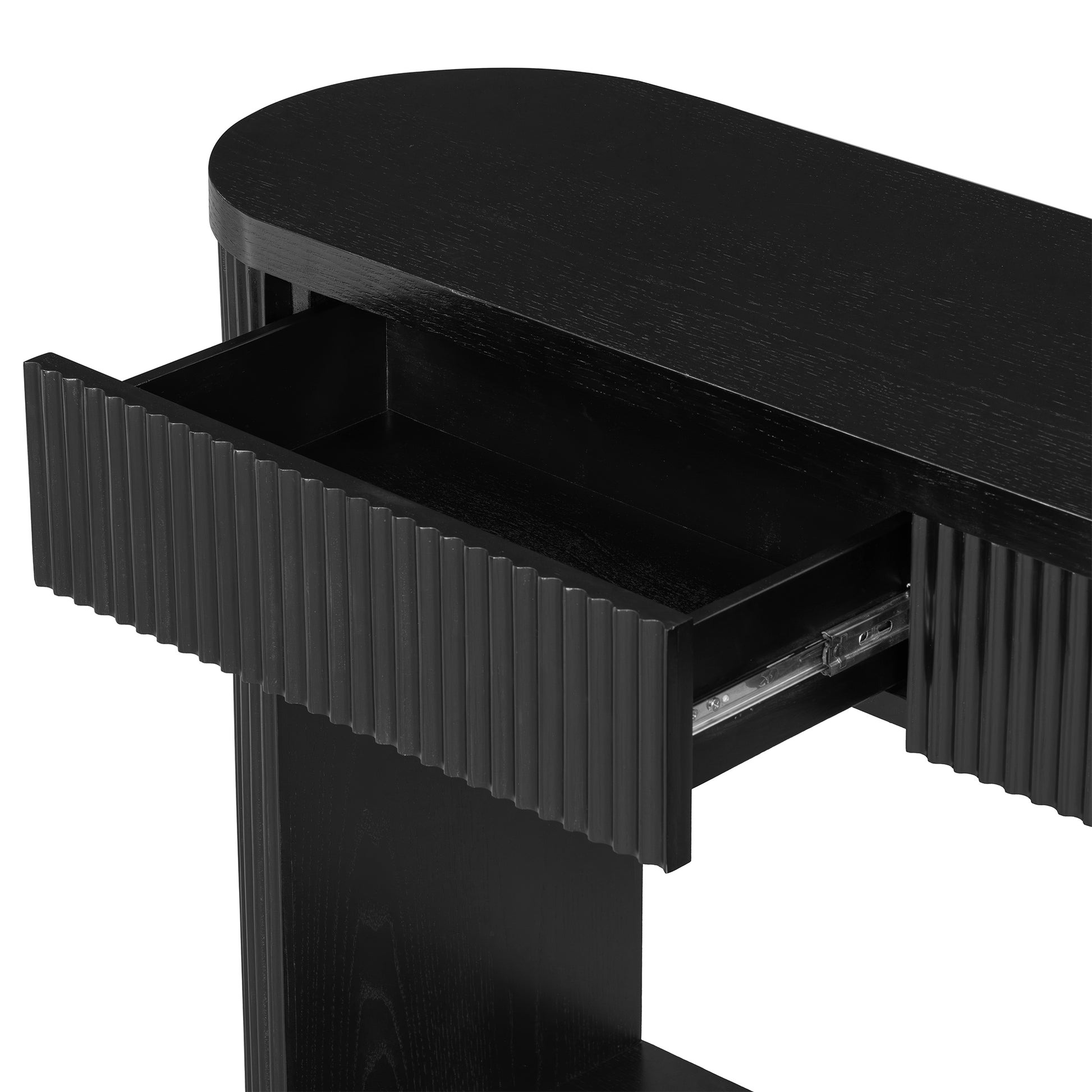 TREXM Oval Fluted Console Table with 2 Drawers and Bottom Shelf, Wood Entryway Table with Smooth Metal Slides for Living Room, Entryway (Black) image 7