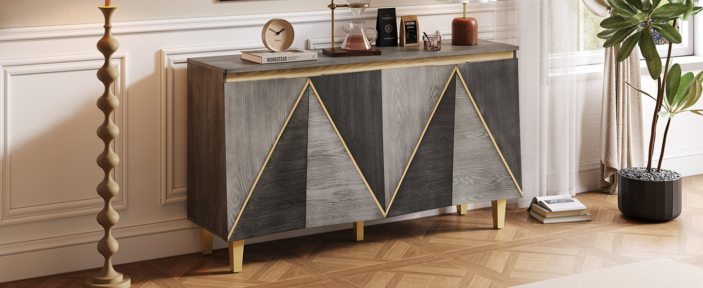 TREXM retro buffet cabinet side view showing pine wood legs and dimensional doors