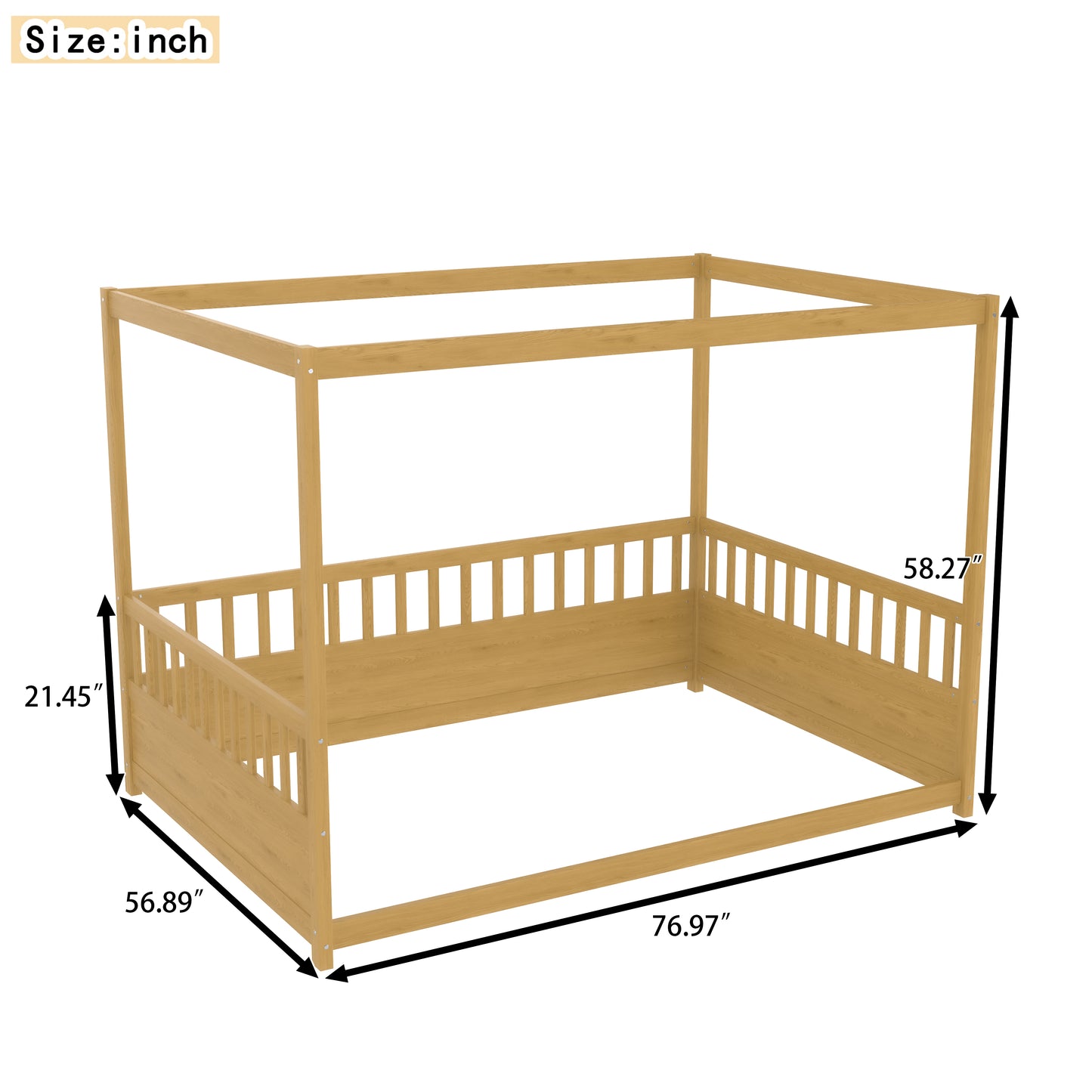 Full Size Canopy Bed Frame with Guardrails for Kids,Floor Bed Full with Four Poster Design,Kids Montessori Floor Bed,Wood Canopy Bed Frame for Girls,Boys(Full,Natural) image 5
