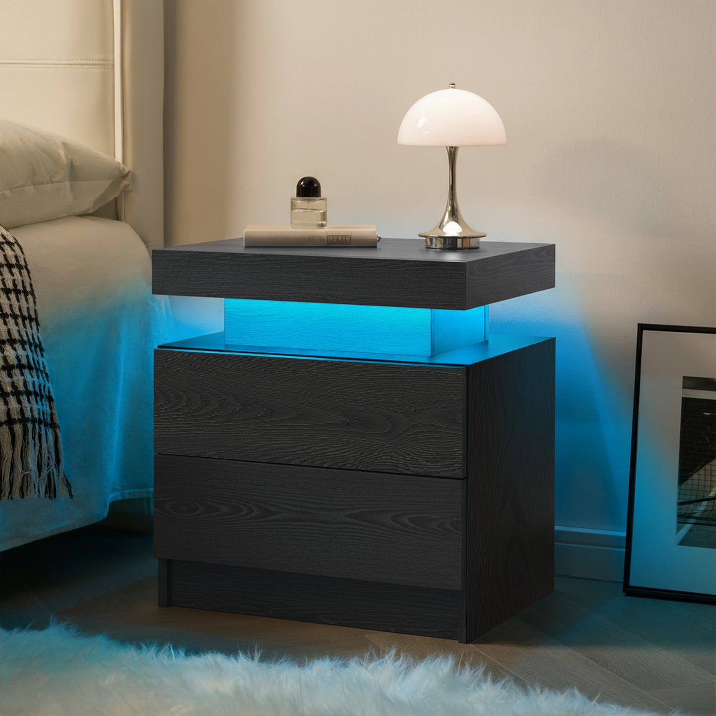 Nightstand LED Bedside Table Cabinet Lights Modern End Side with 2 Drawers for Bedroom (Black Woodgrain) image 4