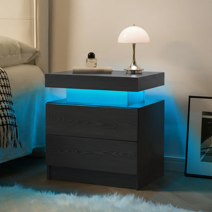Nightstand LED Bedside Table Cabinet Lights Modern End Side with 2 Drawers for Bedroom (Black Woodgrain) image 4