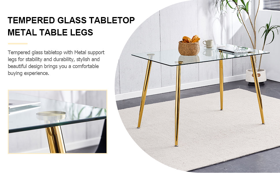 Modern Minimalist Rectangular Glass Dining Table for 4-6 with 0.31" Tempered Glass Tabletop and Golden plating Metal Legs, Writing Table Desk, 51" *31"*30".W1151S03746/W1151S03724 image 6