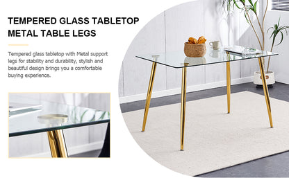 Modern Minimalist Rectangular Glass Dining Table for 4-6 with 0.31" Tempered Glass Tabletop and Golden plating Metal Legs, Writing Table Desk, 51" *31"*30".W1151S03746/W1151S03724 image 6