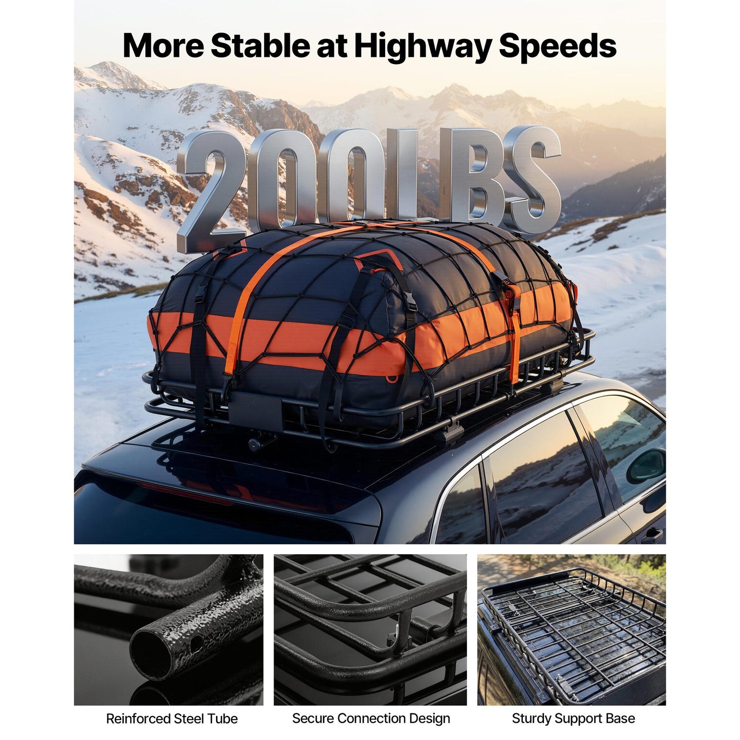 Roof Rack Cargo Basket, 54 x 34 x 4 in, Heavy Duty Roof Top Carrier Basket with Waterproof Bag, Cargo Net, Ratchet Straps, 200 lbs Capacity, Universal Car Top Luggage Holder, for SUV Truck Car image 4