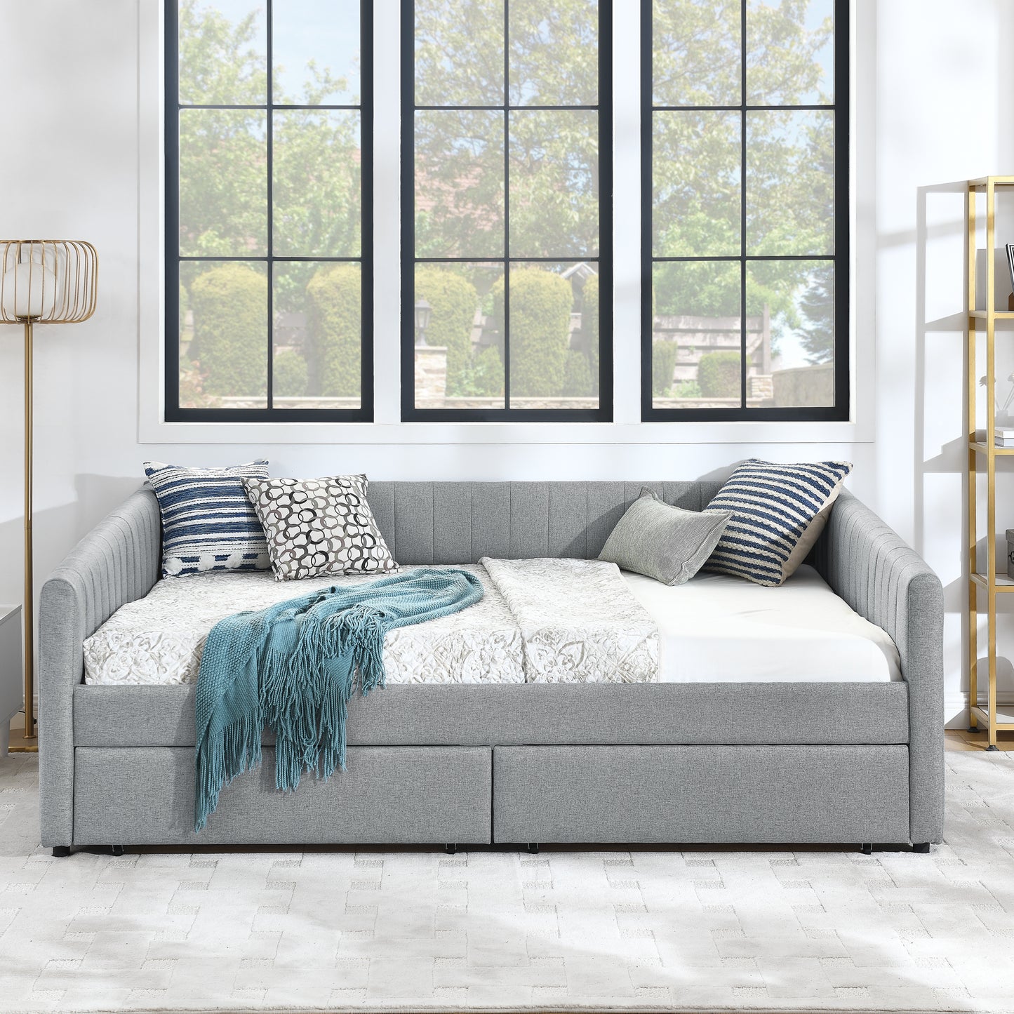 Queen Size Daybed with Two Drawers Trundle Upholstered Sofa Bed, with Vertical Stripes Linen Fabric, Grey (86.5"x65"x30") image 6