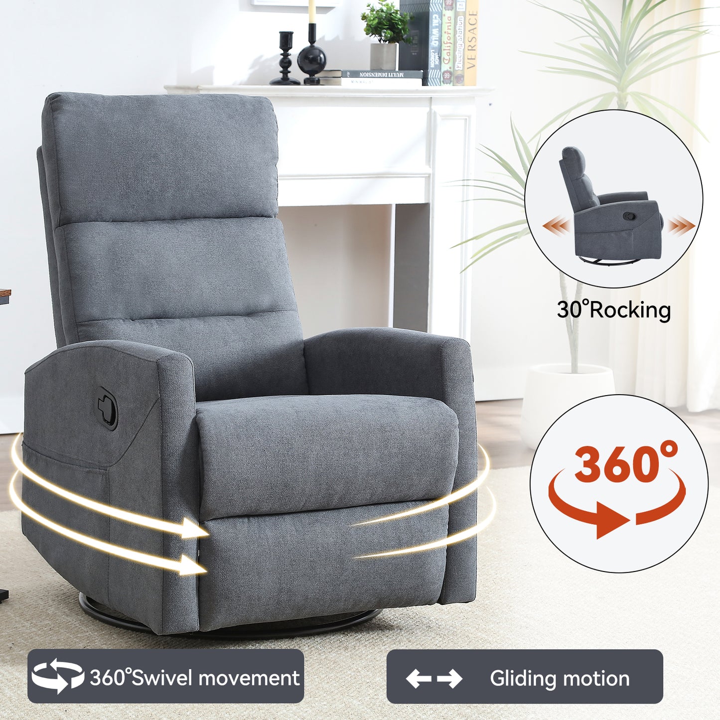 Manual Recliner Chair with Rocker and Swivel in Fabric for Living Room, Grey image 4