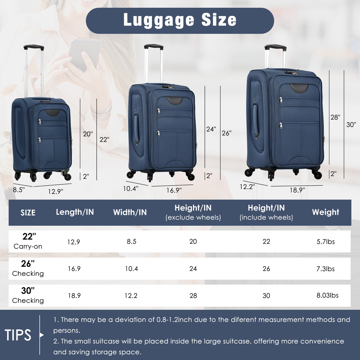 Softside Luggage Expandable 3 Piece Set Suitcase with Duffel Bag Upright Spinner Softshell Lightweight Luggage Travel Set-22/26/30 IN image 2
