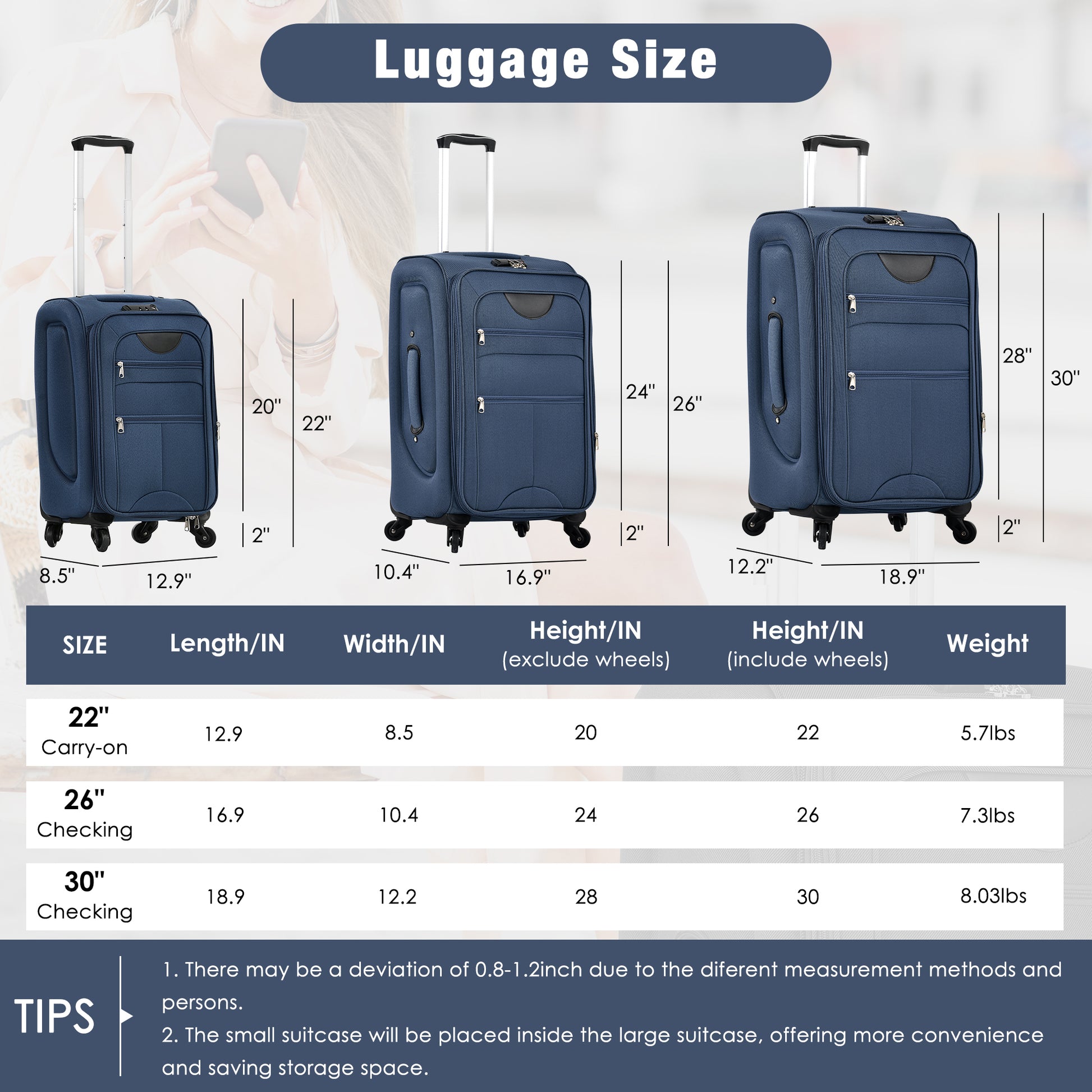 Softside Luggage Expandable 3 Piece Set Suitcase with Duffel Bag Upright Spinner Softshell Lightweight Luggage Travel Set-22/26/30 IN image 2