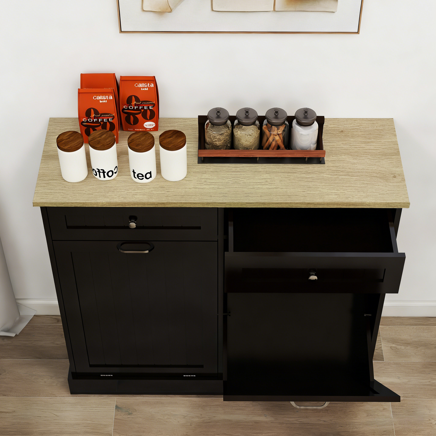 Two Drawers and Two-Compartment Tilt-Out Trash Cabinet Kitchen Trash Cabinet-Black image 9