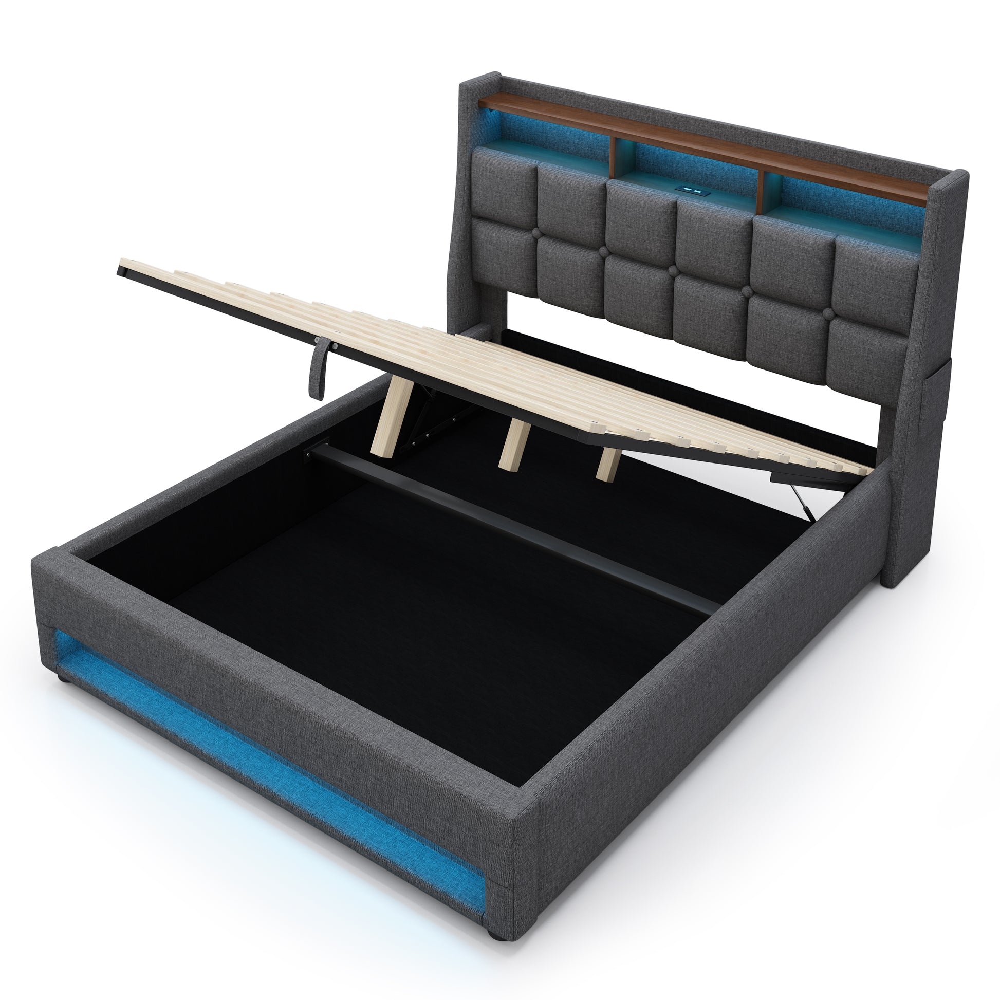 (=AA20690910G) Queen size Upholstered Platform bed with a Hydraulic Storage System, LED and Charging Station, No Box Spring Needed, Easy Assembly, Noise-Free, Grey (without mattress) image 11