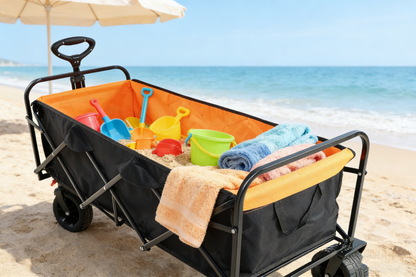 Big large capacity Folding cart Extra Long Extender Wagon Cart Folding Wagon Garden Shopping Beach Cart (black + orange) image 8